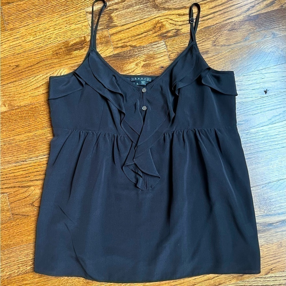 Theory black Silk spaghetti strap mini babydoll ruffle top size small EUC